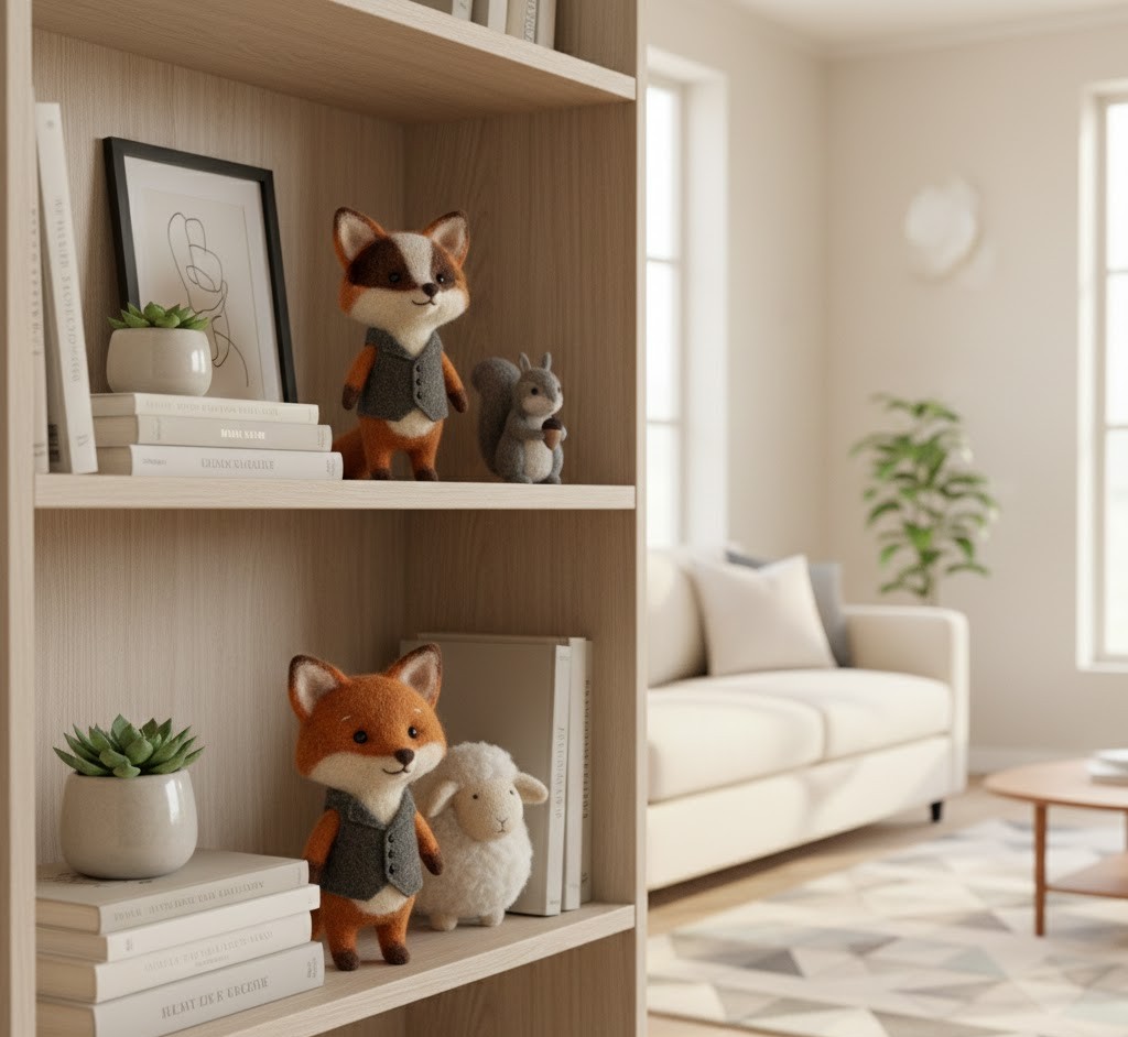Figurines displayed on a modern bookshelf